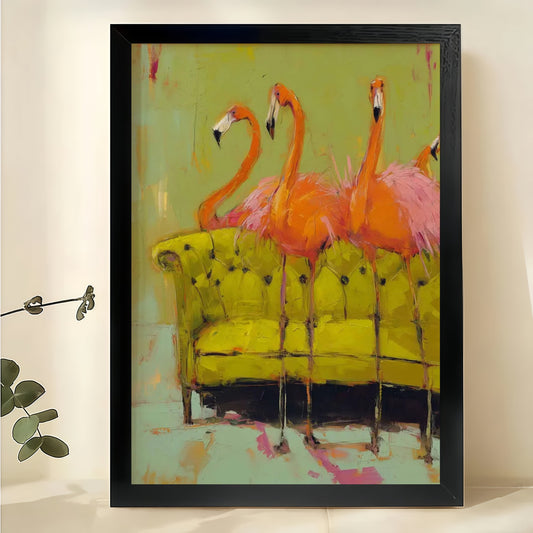 Flamingos on Green Sofa Wall Art – Quirky Abstract Bird Canvas Print on Natural Wood Frame | W2239