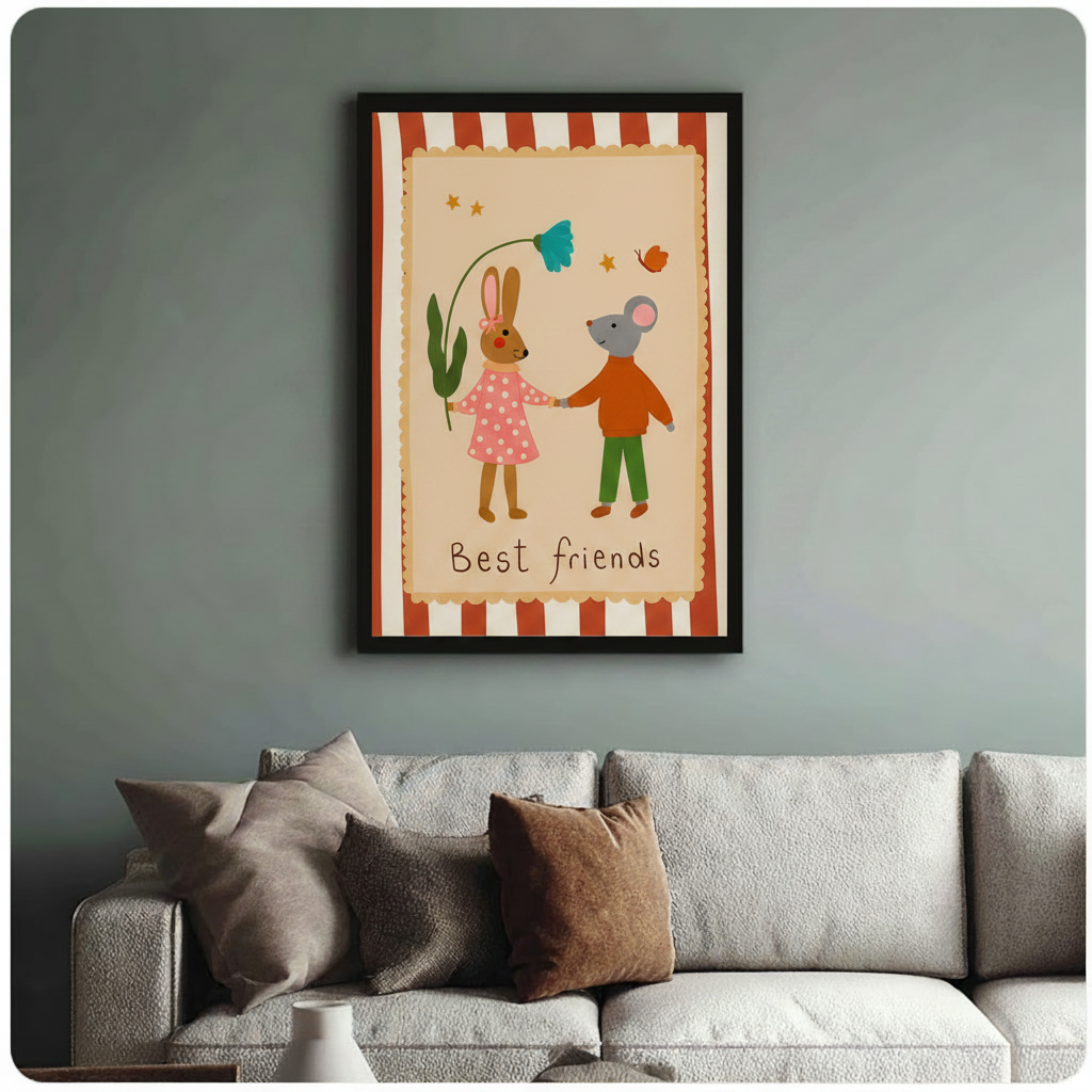 Best Friends framed poster print with whimsical bunny and mouse illustration, styled above grey sofa in living room