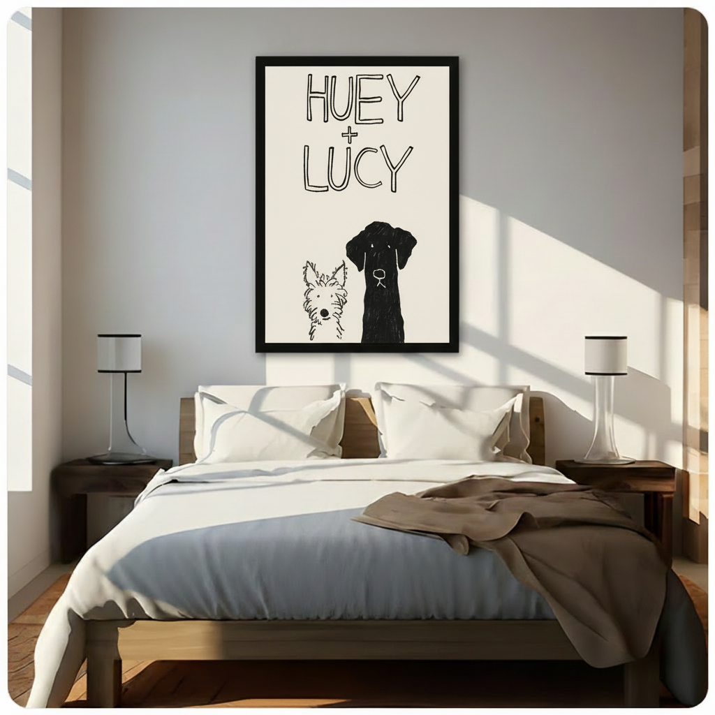 Framed Huey and Lucy two dogs sketch wall art print hung above wooden bed in sunlit minimalist bedroom