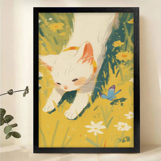 White Cat in Garden Wall Art - Impressionist Style Canvas Print|W1131