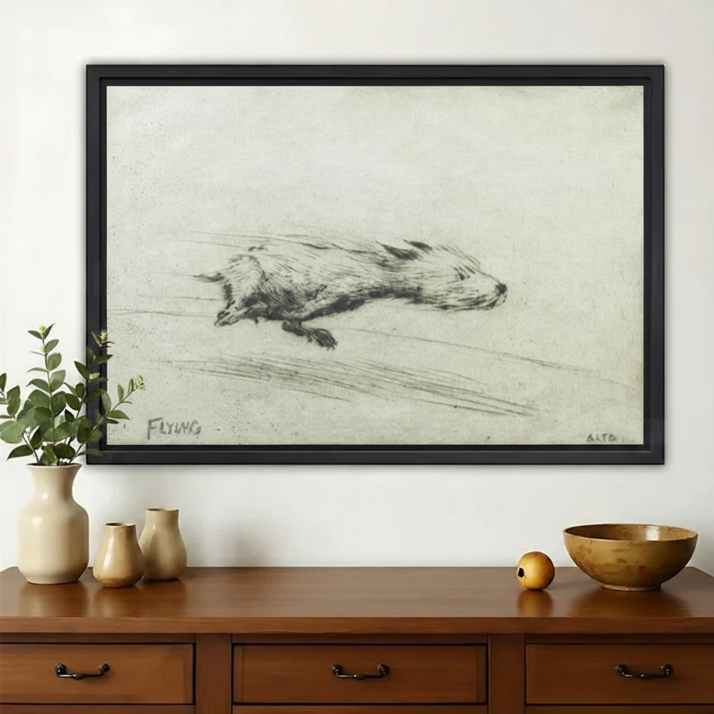 Flying Badger Vintage Sketch Wall Art – Antique Charcoal Study Canvas Print on Natural Wood Frame | W2185