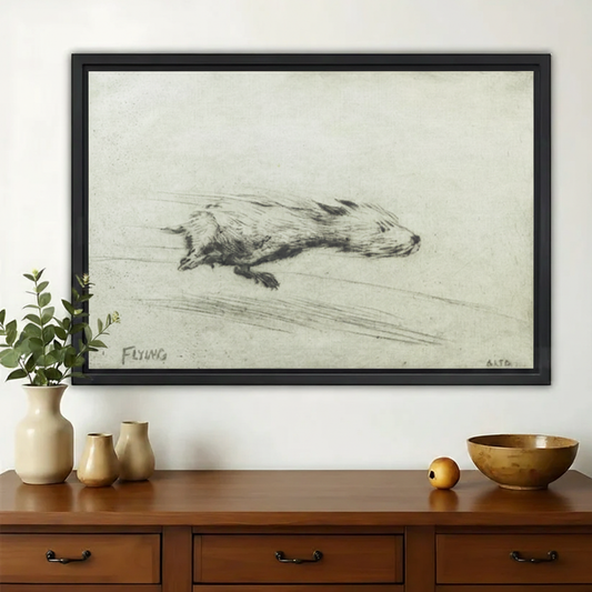 Flying Badger Vintage Sketch Wall Art – Antique Charcoal Study Canvas Print on Natural Wood Frame | W2185