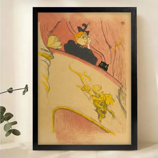 Black Cat at the Theatre Lautrec-Style Wall Art – Vintage French Art Cat Canvas Print on Natural Wood Frame | W2106