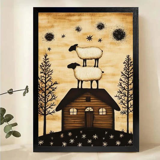 Stacked Sheep on Rooftop Wall Art – Folk Art Farmhouse Canvas Print on Natural Wood Frame | W2122