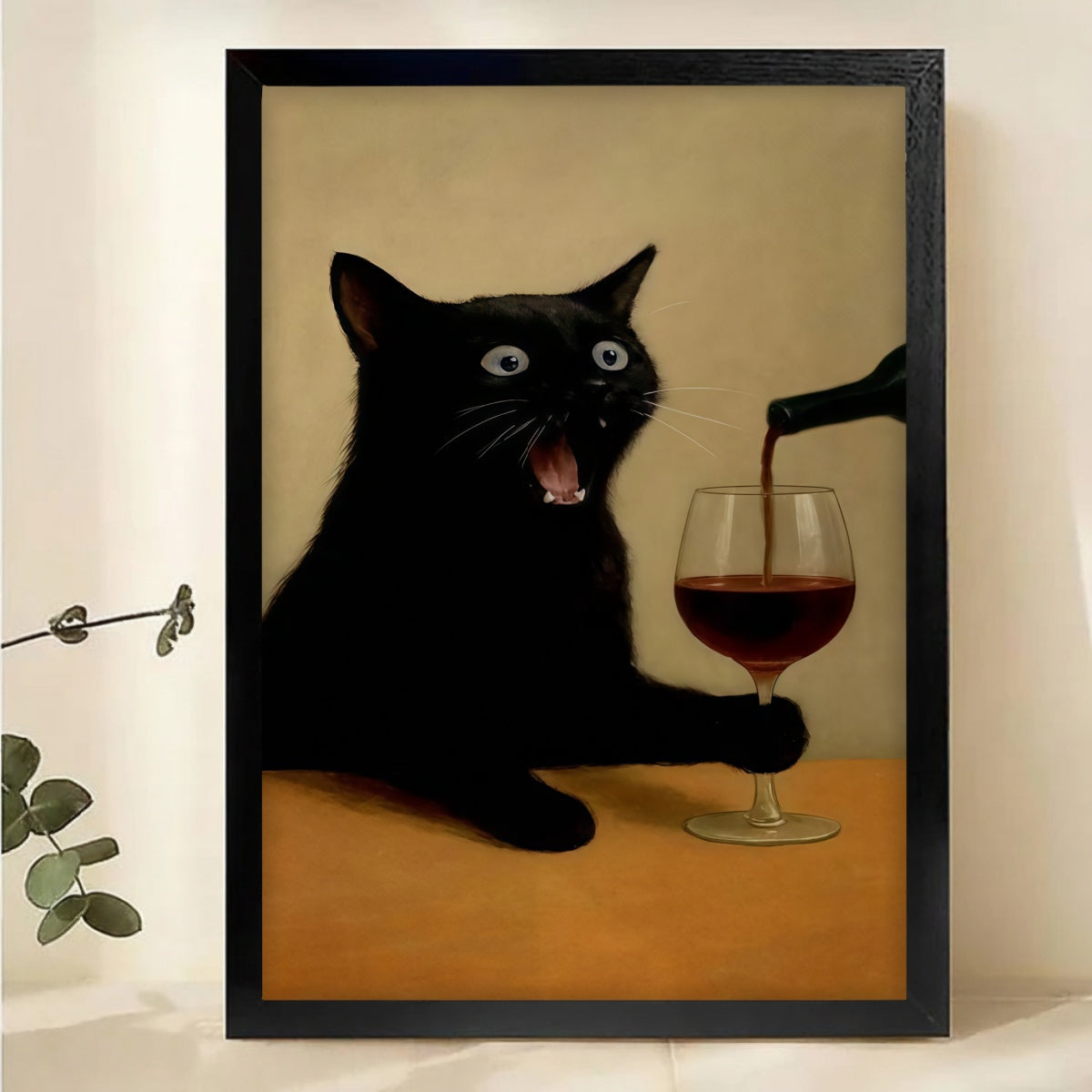 Funny Black Cat with Wine Glass Art Print - Humorous Wall Decor|W1138