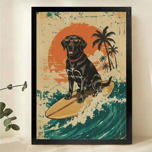 Surfing Black Labrador Wall Art – Retro Vintage Dog Canvas Print on Natural Wood Frame | W2244