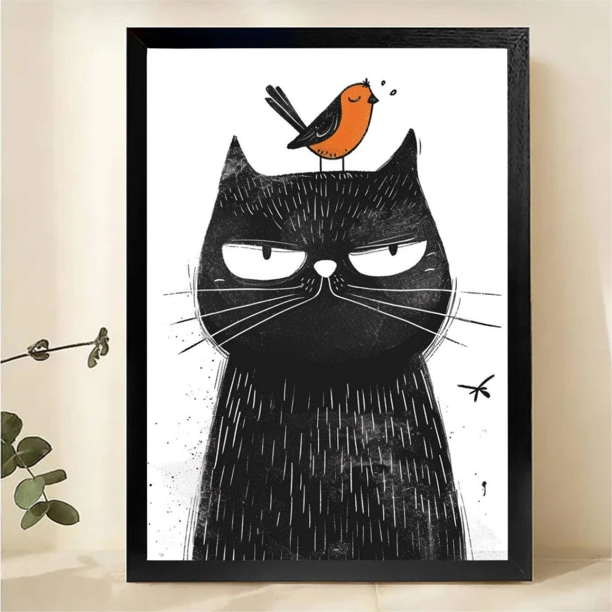 Grumpy Cat with Bird Wall Art - Funny Illustration Print|W1287
