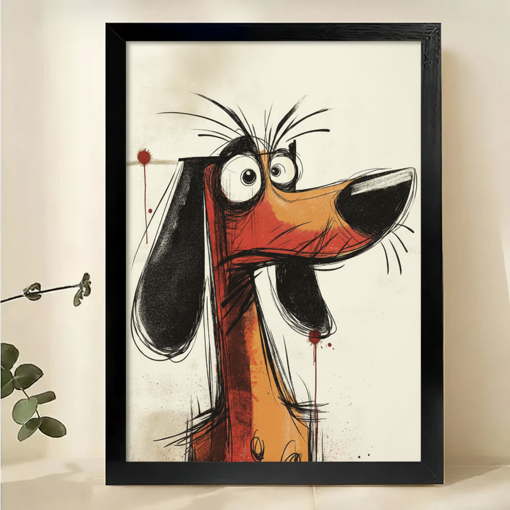 Grumpy Dachshund Sketch Wall Art – Expressive Cartoon Dog Canvas Print on Natural Wood Frame | W2325