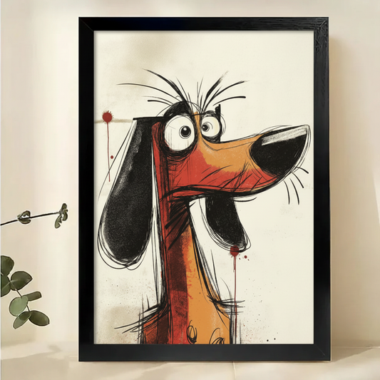Grumpy Dachshund Sketch Wall Art – Expressive Cartoon Dog Canvas Print on Natural Wood Frame | W2325