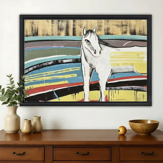White Horse in Abstract Landscape Wall Art – Contemporary Mixed Media Canvas Print on Natural Wood Frame | W2158