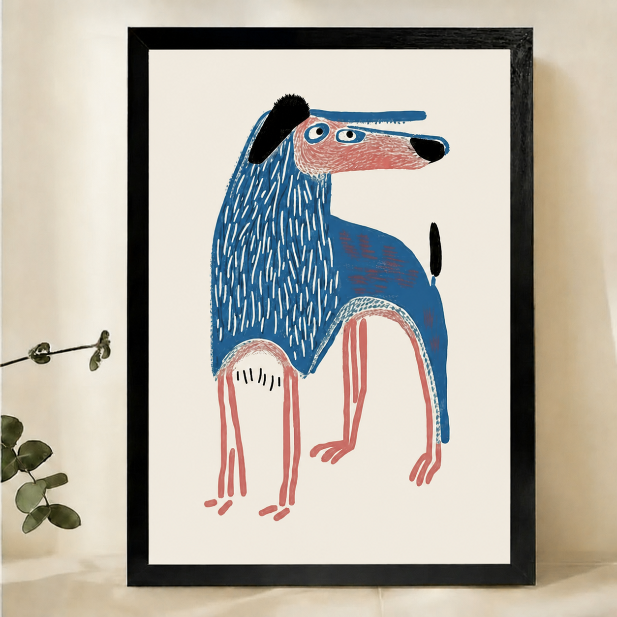 Quirky Blue Long-Legged Dog Wall Art – Outsider Art Illustration Canvas Print on Natural Wood Frame | W2219