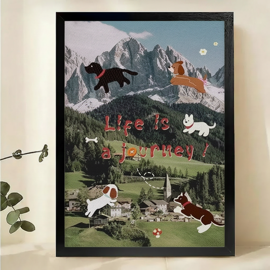 Life Is a Journey Flying Dogs Wall Art – Playful Alpine Collage Canvas Print on Natural Wood Frame | W2130
