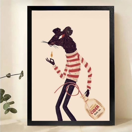 Mouse with Cider Bag Wall Art - Whimsical Folk Art Print|W1252