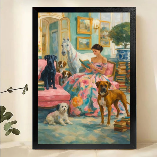 Woman Reading with Dogs Wall Art - Elegant Interior Print| W1057