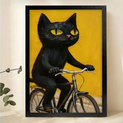 Black Cat on Bike Art - Quirky Yellow Wall Decor|W1106
