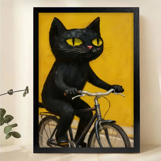 Black Cat on Bike Art - Quirky Yellow Wall Decor|W1106