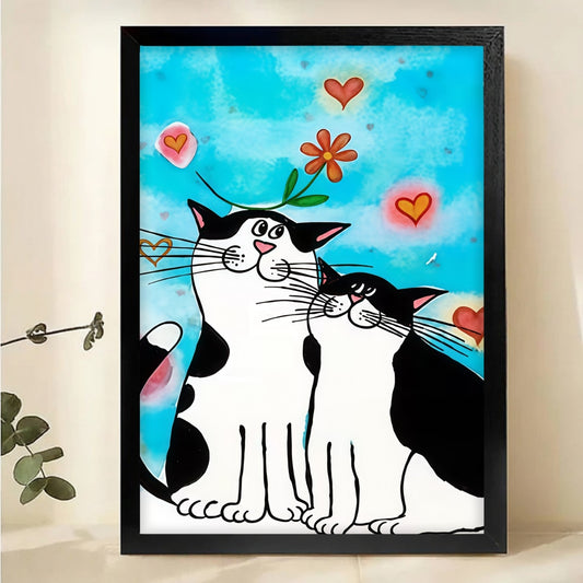 Whimsical Cat Couple Art - Black & White Cats with Hearts Canvas Print|W1147