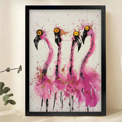 Four Wild Flamingos Wall Art – Expressive Ink Splatter Canvas Print on Natural Wood Frame | W2197
