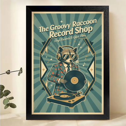 Groovy Raccoon Record Shop Poster - Vintage Vinyl Wall Art| W1051