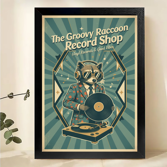 Groovy Raccoon Record Shop Poster - Vintage Vinyl Wall Art| W1051