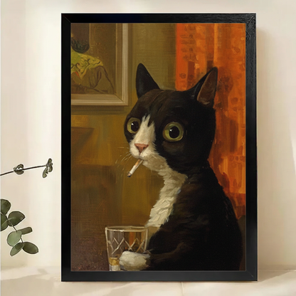 Tuxedo Cat with Cigarette & Whiskey Wall Art – Vintage Noir Canvas Print on Natural Wood Frame | W2125