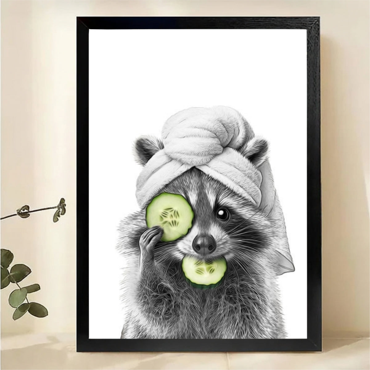 Raccoon Spa Day Wall Art - Funny Cucumber Mask Print|W1279