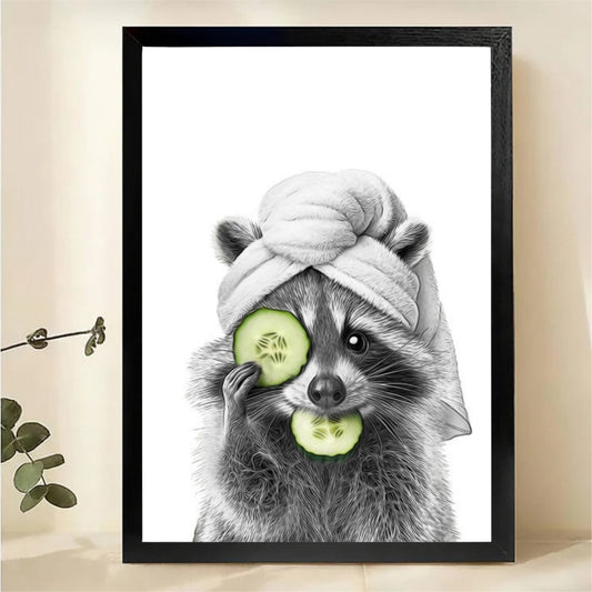Raccoon Spa Day Wall Art - Funny Cucumber Mask Print|W1279