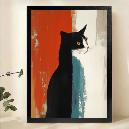 Tuxedo Cat on Abstract Brushstroke Wall Art - Modern Minimalist Canvas Print|W1426