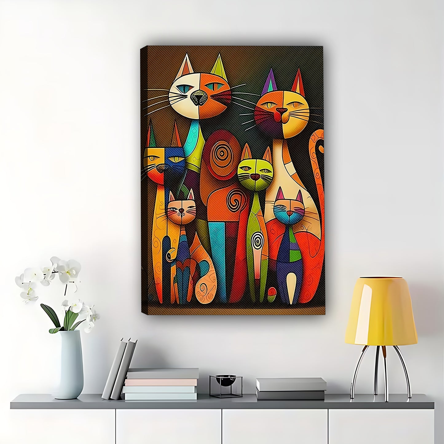 The Whimsical Cat Crew – Colorful Cartoon Wall Art on Natural Wood Canvas | W548