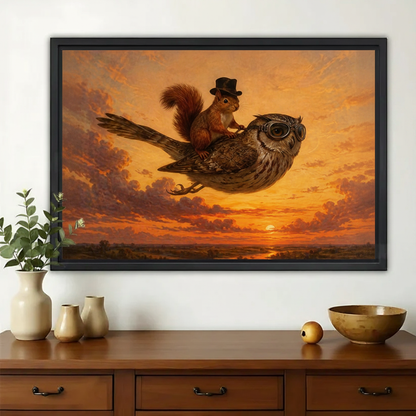 Whimsical Flying Owl & Squirrel Wall Art – Fantasy Sunset Animal Canvas Print on Natural Wood Frame | W2213