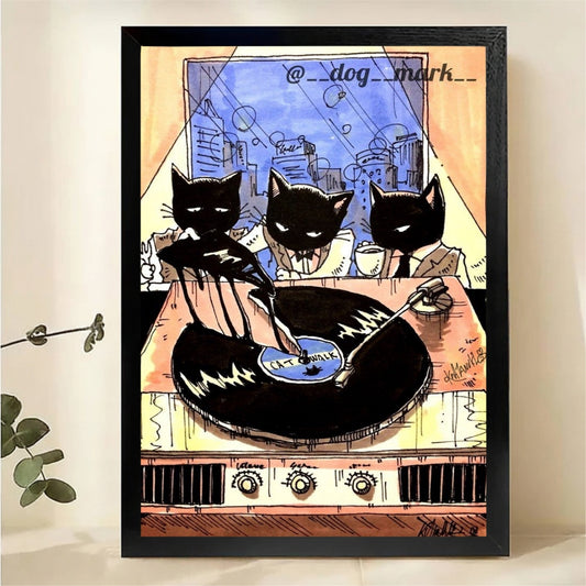 Cool Cats DJing Vinyl Record Wall Art - Jazz Cat Watercolor Canvas Print|W1419