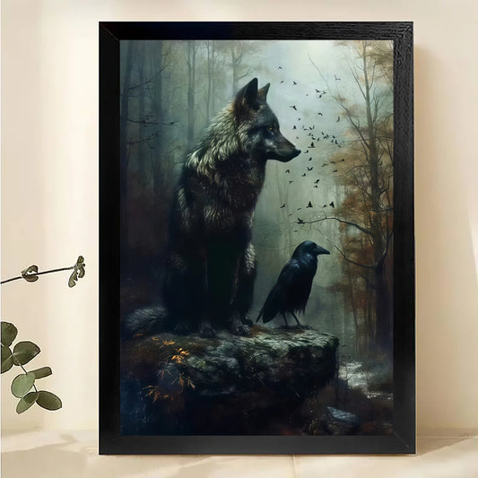 Wolf and Raven Wall Art - Mystical Forest Wildlife Print| W1042