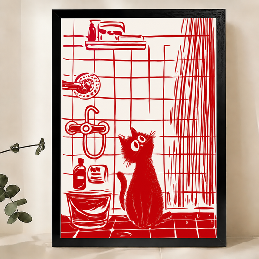 Curious Cat in the Shower Wall Art – Bold Red Linocut Bathroom Canvas Print on Natural Wood Frame | W2226