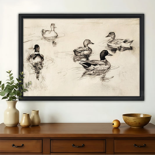 Vintage Ducks on Water Wall Art - Classic Sketch Print|W1233