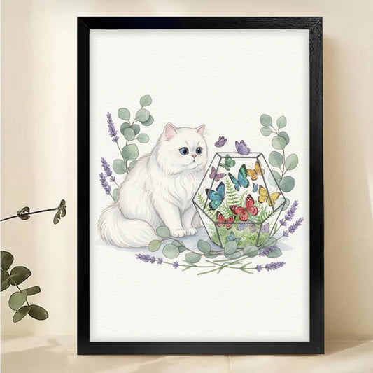 White Cat with Butterfly Terrarium Wall Art Canvas|W1100