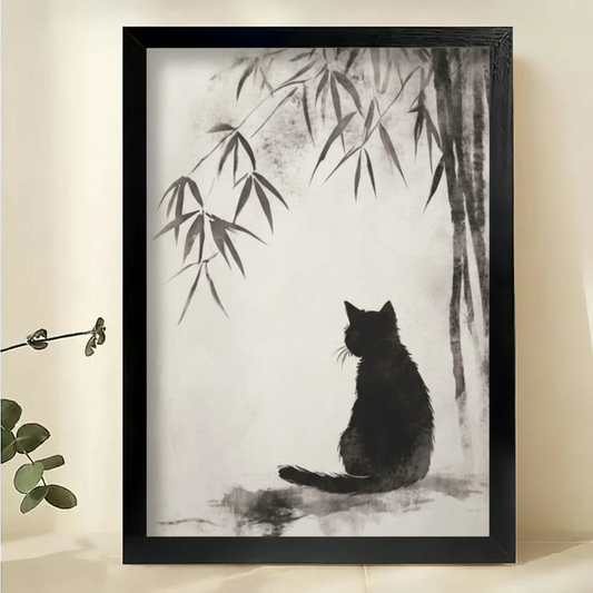 Black Cat in Bamboo Grove Wall Art – Zen Ink Wash Canvas Print on Natural Wood Frame | W2317