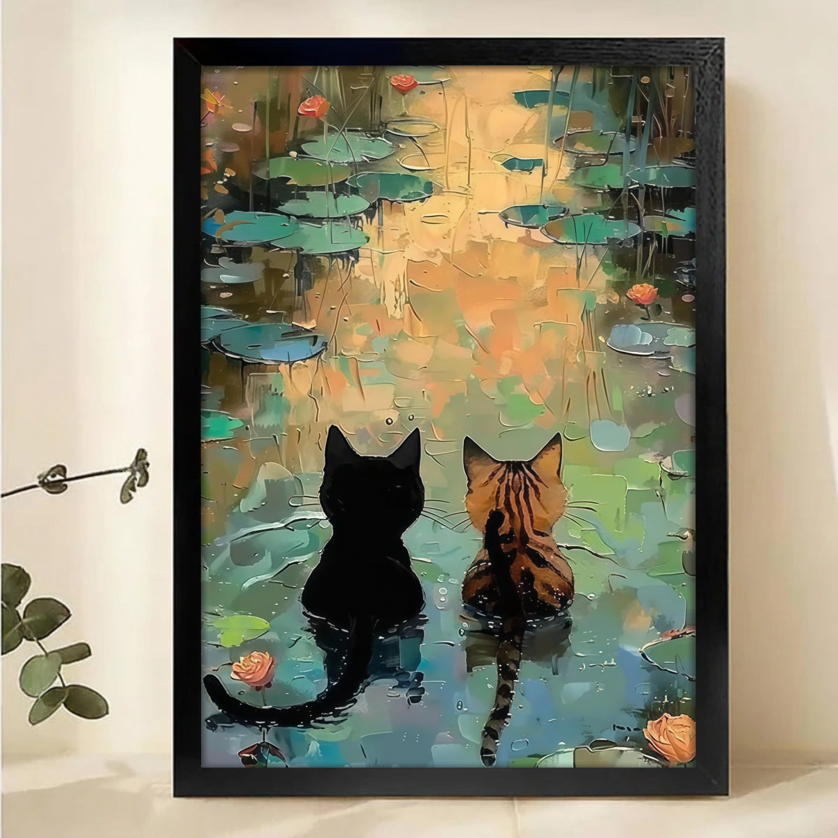 Two Cats by the Lotus Pond Canvas Art - Impressionist Water Lily Wall Decor |W1171