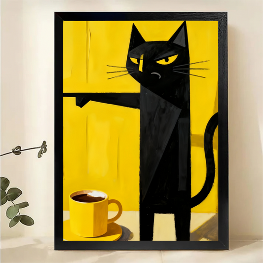 Grumpy Black Cat with Coffee Wall Art - Funny Cat Canvas Print|W1334