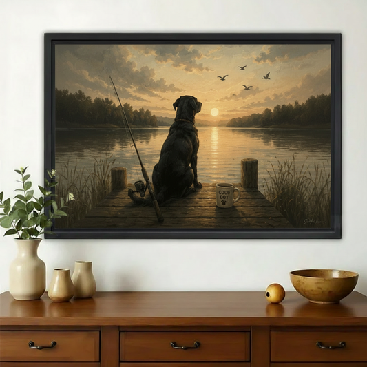 Black Labrador on the Fishing Dock Wall Art – Golden Hour Vintage Dog Canvas Print on Natural Wood Frame | W2285