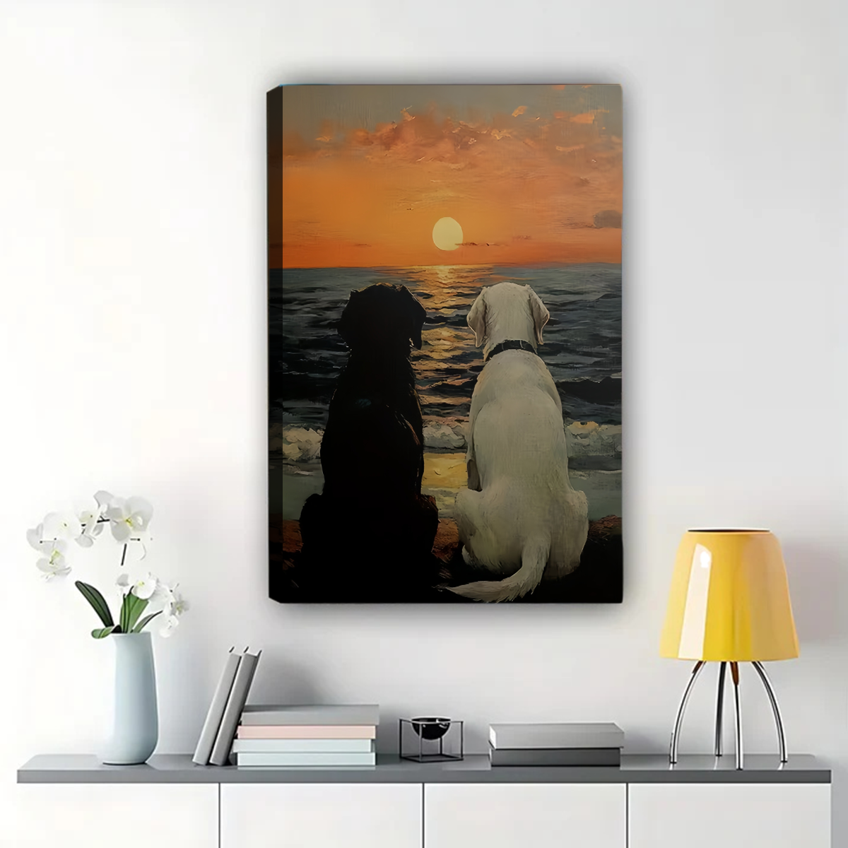 Two Dogs Watching Sunset Art Print - Beach Wall Decor|W1119