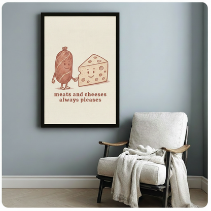 Meats and Cheeses Always Pleases canvas print — warm vintage illustration wall art for farmhouse kitchen