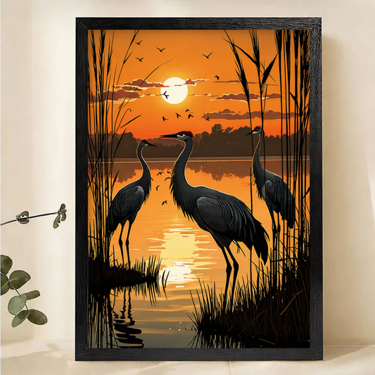 Cranes at Sunset Wetland Wall Art – Dramatic Wildlife Canvas Print on Natural Wood Frame | W2145