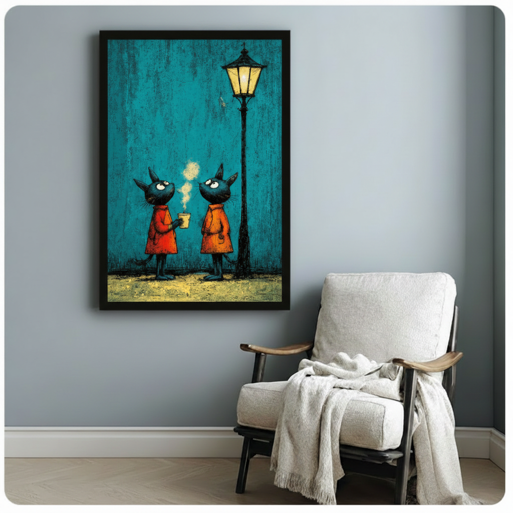 Night Cats Coffee Street Art Canvas Wall Art