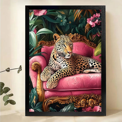 Leopard on Pink Velvet Sofa Canvas Print - Luxury Jungle Wall Art|W1122