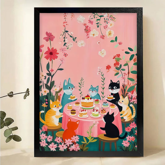 Cats Tea Party Wall Art - Whimsical Garden Canvas Print|W1093