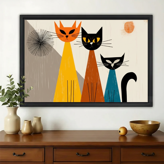 Three Cats Mid-Century Modern Wall Art – Retro Abstract Cat Canvas Print on Natural Wood Frame | W2154