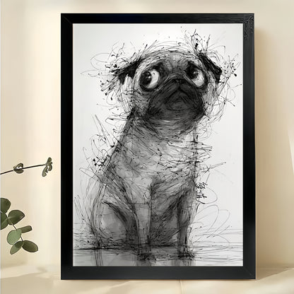 The Sketch-Style Pug – Minimalist Line Art Wall Art on Natural Wood Canvas | W618