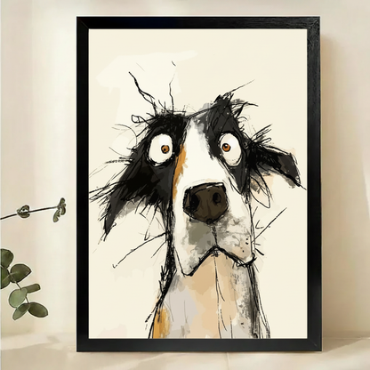 Wide-Eyed Border Collie Sketch Wall Art – Expressive Dog Portrait Canvas Print on Natural Wood Frame | W2169