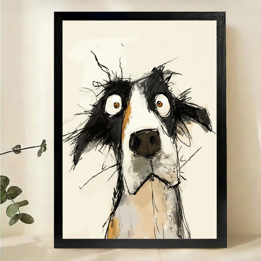 Wide-Eyed Border Collie Sketch Wall Art – Expressive Dog Portrait Canvas Print on Natural Wood Frame | W2169