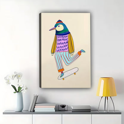 The Skateboarding Owl – Playful Cartoon Wall Art on Natural Wood Canvas | W585